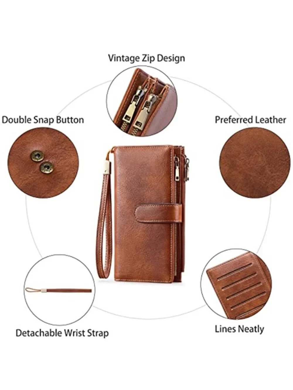 Womens RFID Wristlet Wallet Large Capacity Vegan Leather Card Holder Brown